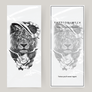 Grand faux tatouage boussole, rose et lion