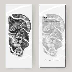 Grand faux tatouage lion & horloge