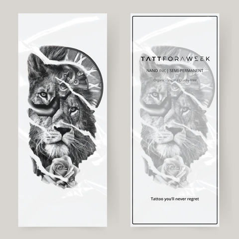 Grand faux tatouage lion & horloge